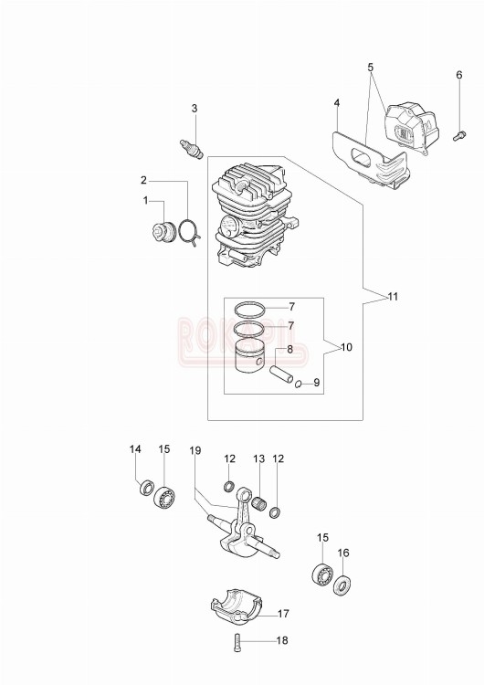 silnik części -cylinder, tłok, korbowód, tłumik, łożyska, uszczelniacze- pilarki Oleo-Mac GS 410 CX - schemat.jpg