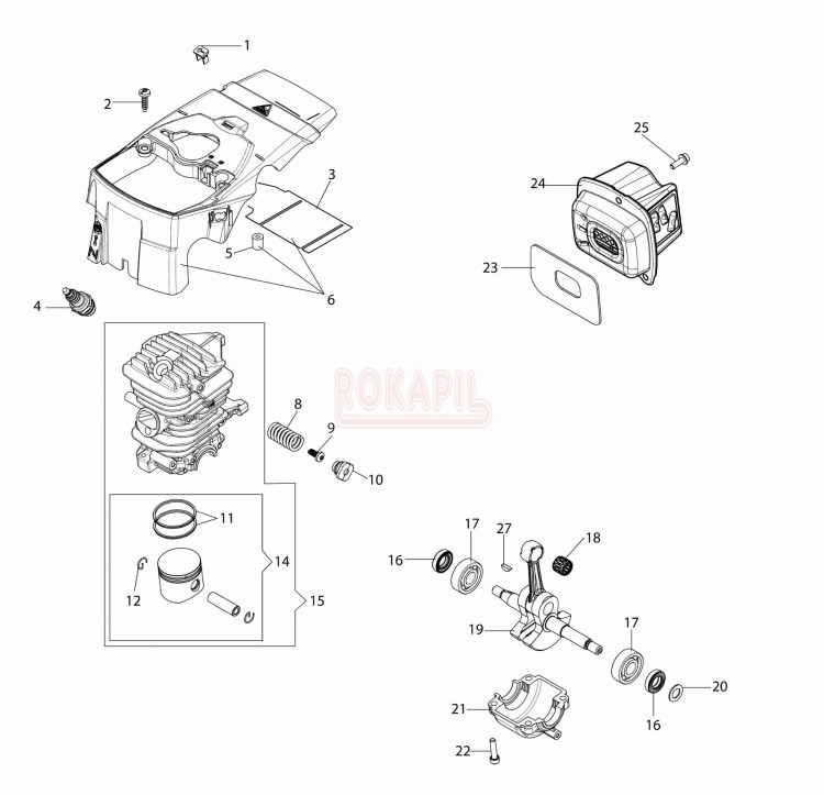 silnik części -cylinder, tłok, pierścienie, korbowód, tłumik, łożyska, uszczelniacze, dekompresor- pilarki Oleo-Mac GSH 400- schemat.jpg