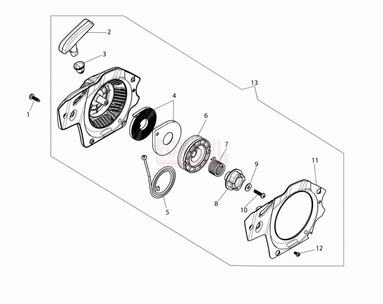 Rozrusznik, sprężyna, koło nawojowe, zębatka napędowa, kołnierz, uchwyt, śruba - części pilarki Oleo-Mac GSH 400 - schemat.jpg