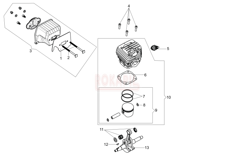 silnik części -cylinder, tłok, pierścienie, korbowód, tłumik, łożyska, uszczelniacze- pilarki Oleo-Mac GSH 560- schemat .jpg