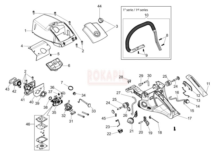 Uchwyt, filtr paliwa, dźwignia gazu, amortyzator, zbiornik paliwa, FILTR POWIETRZA - części pilarki spalinowej OleoMac GSH 560 - schemat.jpg