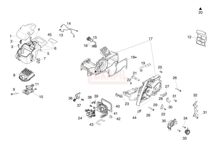 Skrzynia korbowa, pompa olejowa, filtr powietrza, uszczelka, korek oleju, odpowietrznik, filtr oleju, podstawa filtra, pokrywa górna, uszczelka- części pilarki Oleo-Mac GS 651- schemat.PNG