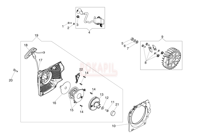 Rozrusznik, cewka zpałonowa, koło magnesowe sprężyna, koło nawojowe, zębatka napędowa, kołnierz, zabiraki, fajka świecy, uchwyt, śruba - części- pilarki Oleo-Mac GS 651- schemat.PNG