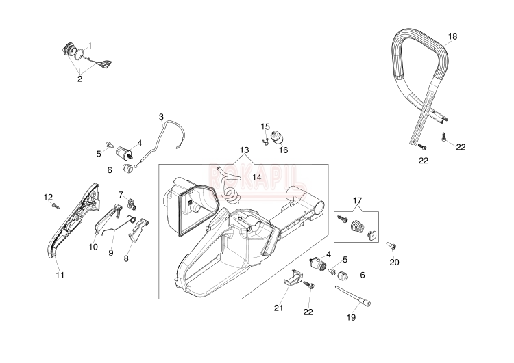 Uchwyt, filtr paliwa, dźwignia gazu, linka gazu, amortyzator, zbiornik paliwa, przewód paliwa - części pilarki spalinowej OleoMac GS 651 - schemat.PNG