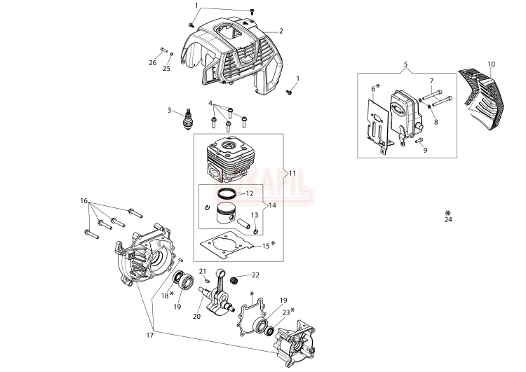 Silnik- cylinder, tłok, pierścienie, wał korbowy, skrzynia korbowa, tłumik, uszczelka, łożysko, uszczelniacz, pokrywa silnika, świeca, obudowa - Kosy spalinowej Oleo-Mac - BCH 400 T - schemat .jpg