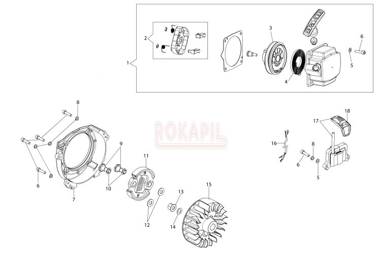 Układ zapłonowy - rozrusznik, koło linowe, sprężyna rozrusznika, zabieraki, koło magnesowe, cewka zapłonowa, sprzęgło Kosy spalinowej Oleo-Mac - BCH 400 T - schemat .jpg