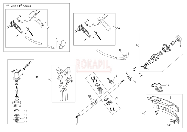 Przeniesienie napędu, przekładnia kątowa, uchwyt, wałek napędowy, bęben sprzęgła, osłona głwicy, szeli kosy Oleo-Mac BCH 400 T - schemat .jpg