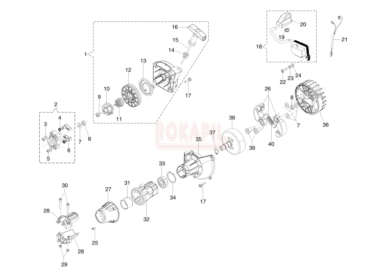 Układ zapłonowy, sprzęgło - rozrusznik, cewka, koło magnesowe, bęben, łożysko, zabieraki, koło linowe, sprężyna rozrusznika - Kosy spalinowej Oleo-Mac - SPARTA 381 T - schemat .jpg