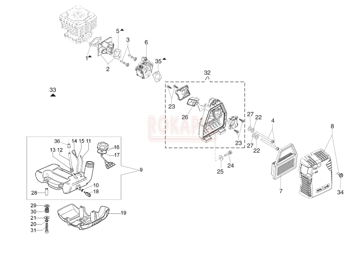 Gaźnik Zbiornik paliwa  Filtr - korek paliwa, przewód paliwa, zawór odpowietrznika, dźwignia ssania, uszczelka, pokrywa filtra powietrza - Kosy spalinowej Oleo-Mac - SPARTA 381 T- schemat .jpg