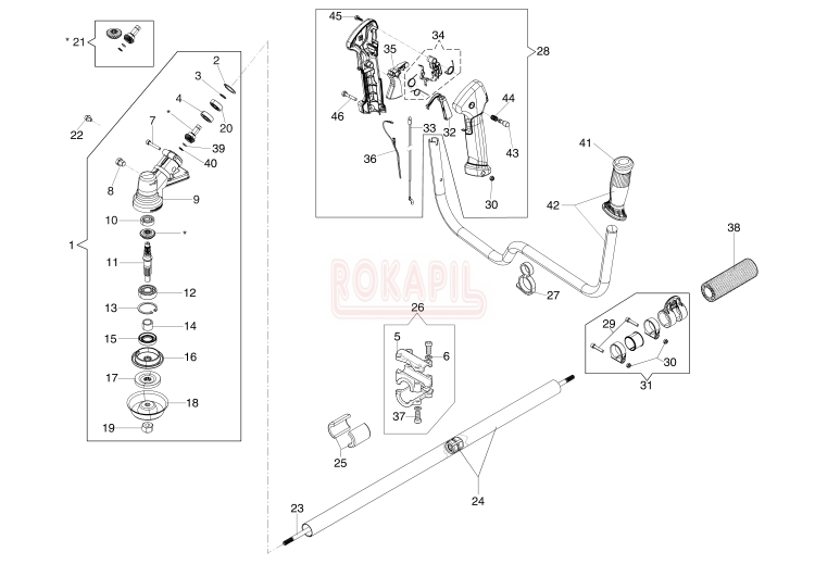 Przeniesienie napędu, przekładnia kątowa, uchwyt rowerowy, piasta, dźwignia gazu, wałek napędu, osłona - Kosy spalinowej Oleo-Mac - SPARTA 381 T - schemat,jpg.PNG