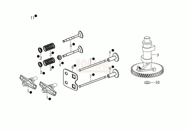 Wałek rozrządu, cięgno, prowadnik, zawór, sprężyna zaworu, kompensator - silnik K 805 OHV Emak - schemat.jpg