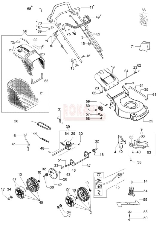 Części korpusu - nóż, piasta noża, kosz na trawę, linka gazu, linka hamulca, linka napędu, koło, pasek, przekładnia,Mdźwignia- kosiarki spalinowej Oleo- Mac G 44 TK COMFORT PLUS (K500)- schemat.jpg