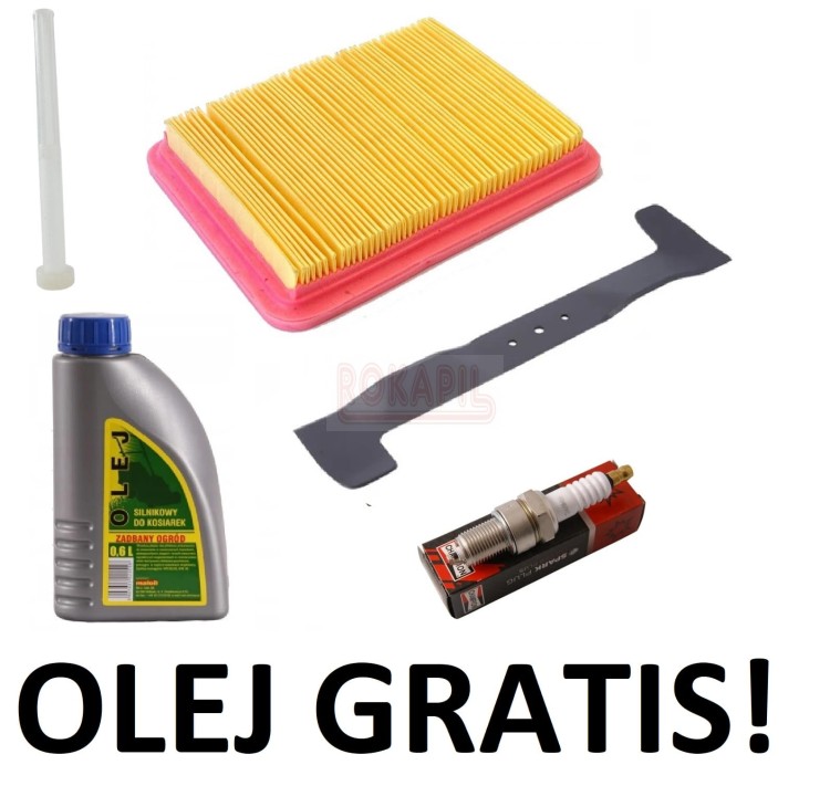 Zestaw 2: filtr powietrza, filtr paliwa, nóż, świeca, olej kosiarki Oleo-Mac G 53 TK ALLROAD PLUS 4, silnik Emak K 805