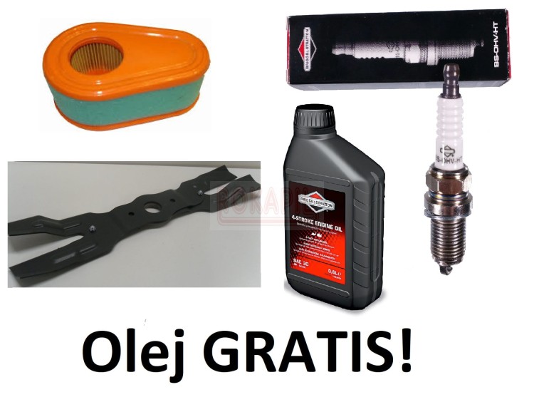 Zestaw 1  filtr powietrza, olej , świeca, nóż KOSIARKA OLEO-MAC LUX 55 TBD,  briggs&amp;stratton Seria 750 EX DOV.jpg