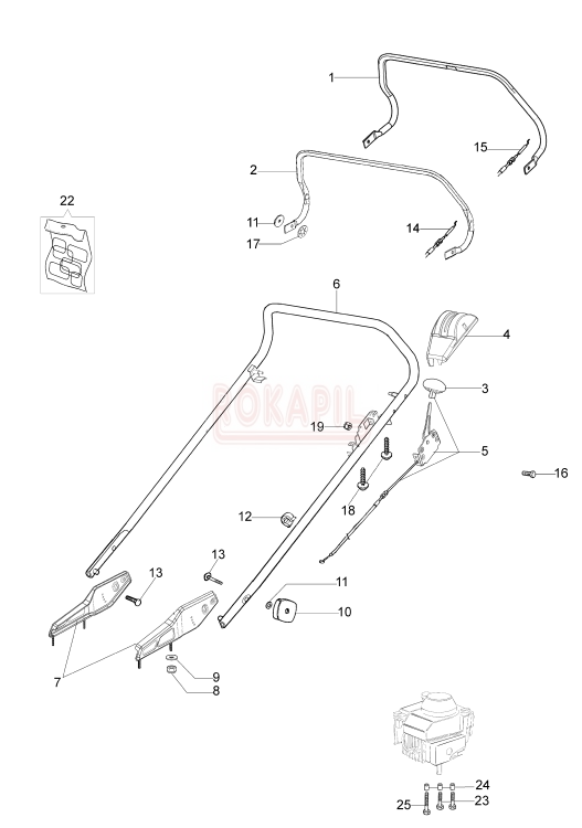 Uchwyt, dźwignia napędu, dźwignia hamulca, linka, gazu, linka napędu, linka hamulca, mocowanie kosiarki Oleo-Mac LUX 55 TBD - schemat.jpg