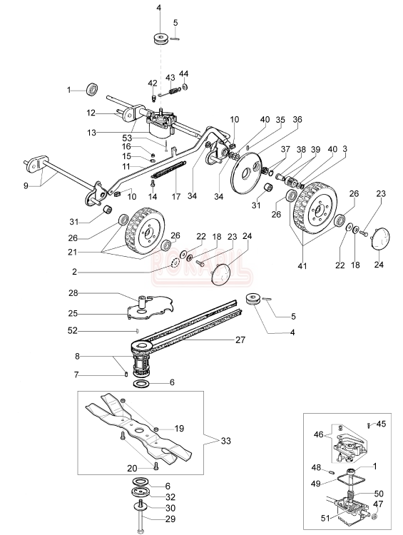 Oś przednia, oś tylna, przekładnia napędu, sprężyna, zębatka napędowa, koło przednie, koło tylne , pasek napędu, koło pasowe, uchwyt noża, nóż kosiarki Oleo-Mac LUX 55 TBD - schemat (produkcja do lutego 2013r. ! ) .jpg