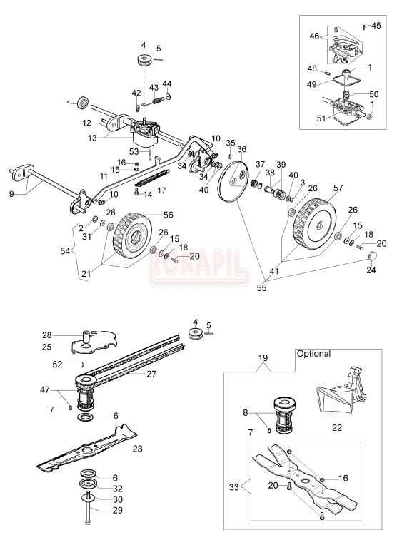 Oś przednia, oś tylna, przekładnia napędu, sprężyna, zębatka napędowa, koło przednie, koło tylne , pasek napędu, koło pasowe, uchwyt noża, nóż kosiarki Oleo-Mac LUX 55 TBD - schemat (produkcja od marca 2013r. ! ).png