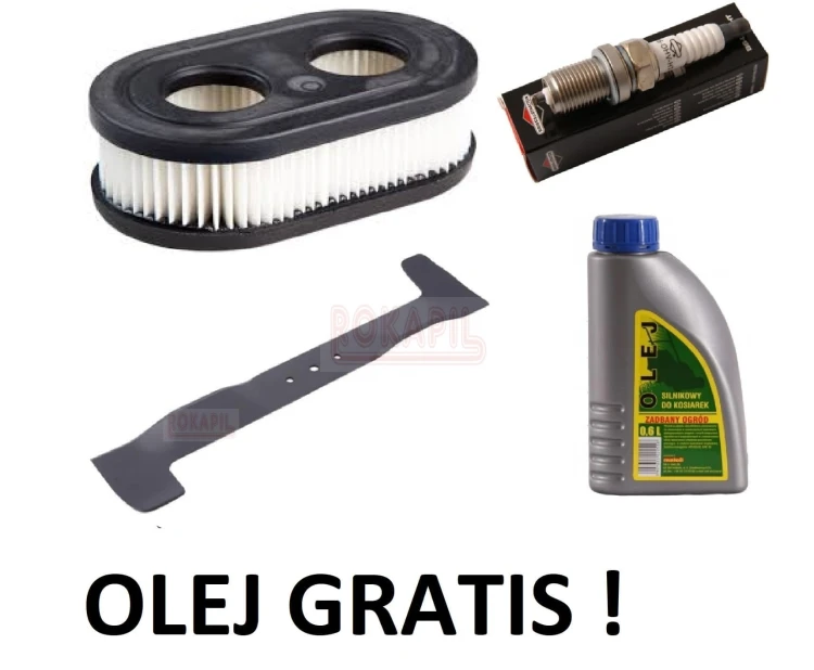 Zestaw 2 filtr powietrza, nóż, świeca, olej kosiarki Oleo-Mac G 53 TBXE ALLROAD PLUS 4 , silnik Briggs&amp;Stratton 675 IS InStart