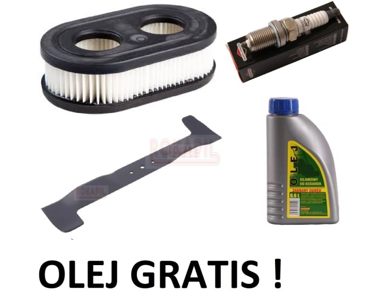 Zestaw 2: filtr powietrza, nóż, filtr paliwa, świeca, olej kosiarki Oleo-Mac GV 53 TBX ALLROAD PLUS 4, silnik Briggs&amp;Stratton seria 625 EXi