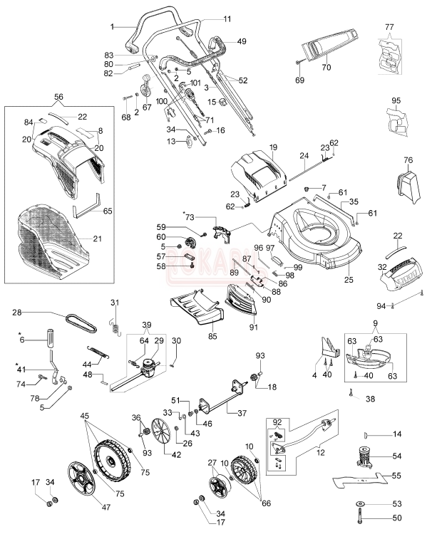Części korpusu - nóż, piasta noża, kosz na trawę, linka gazu, linka hamulca, linka napędu, śruba, koło, pasek napędu, przekładnia napędu, uchwyt, dźwignia, podkładka- kosiarki spalinowej Oleo- Mac G 53 TKE ALLROAD PLUS 4 - schemat .jpg