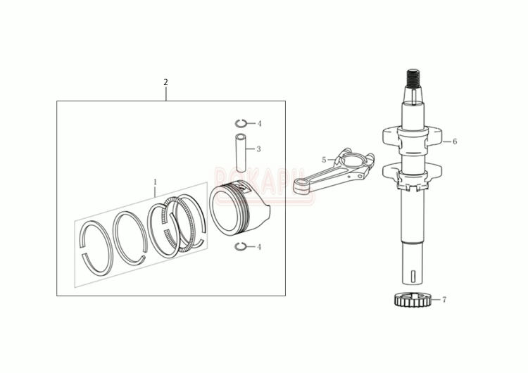 Wał, tłok, pierścienie - silnik K 605 Emak - schemat