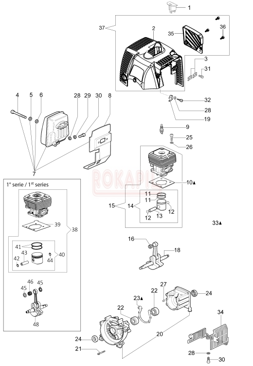Silnik- cylinder, tłok, pierścienie, wał korbowy, skrzynia korbowa, tłumik, uszczelka, łożysko, uszczelniacz, pokrywa silnika, świeca - Kosy spalinowej Oleo-Mac - SPARTA 741- schemat.PNG