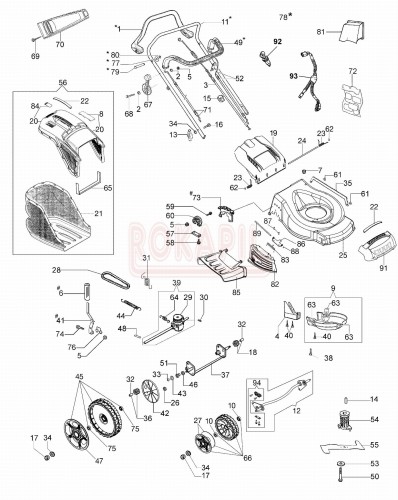 Części korpusu - nóż, piasta noża, kosz na trawę, śruba noża, linka hamulca, linka gazu , śruba, koło, klapa tylnego wylotu, sprężyna, oś, uchwyt - kosiarki spalinowej Oleo- Mac G 48 tBXE ALLROAD PLUS 4 -schemat.jpg