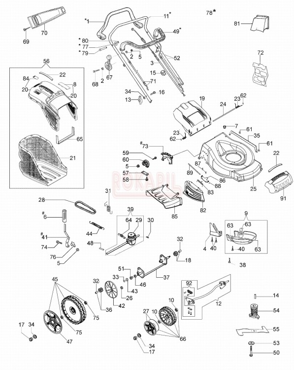 Części korpusu - nóż, piasta noża, kosz na trawę, linka hamulca, linka gazu , śruba, koło - kosiarki spalinowej Oleo- Mac G48TBR ALLROAD PLUS 4 - schemat .jpg