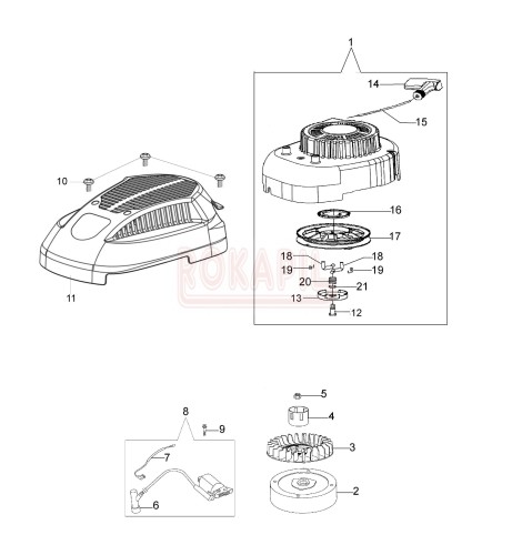 Rozrusznik, cewka, koło magnesowe, wentylator, zabieraki, pokrywa, koło linowe, zabieraki - kosiarki spalinowej Oleo- Mac G 44 TK COMFORT PLUS (K500)- schemat .jpg
