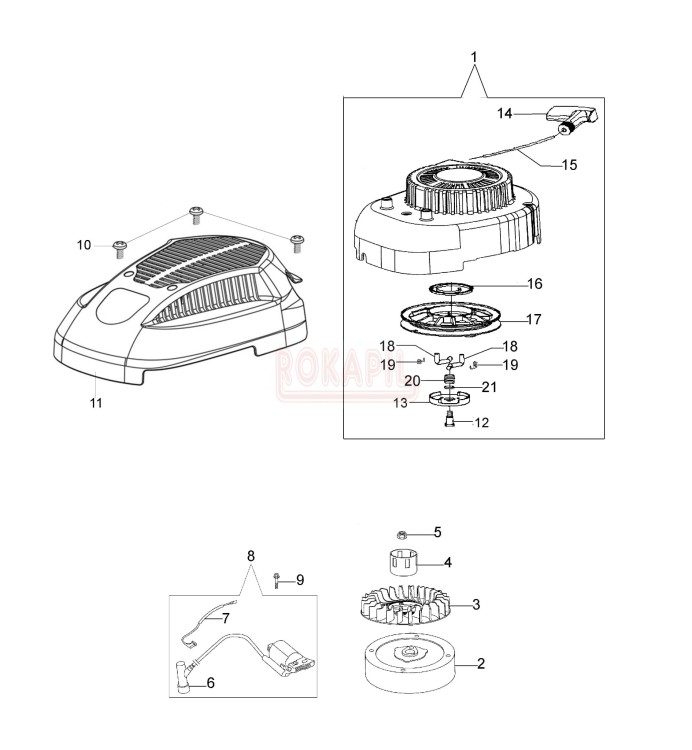 Rozrusznik, cewka, koło magnesowe, wentylator, zabieraki, pokrywa, koło linowe, zabieraki - kosiarki spalinowej Oleo- Mac G 44 TK COMFORT PLUS (K500)- schemat .jpg