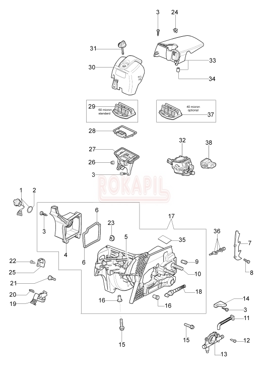 skrzynia korbowa, filtr powietrza, podstawa,uszczelka,odpowietrznik,napinacz łańcucha,pompa olejowa,przewód, wąż pompy olejowej, szpilka prowadncy, filtr oleju, ostroga, wyłącznik, korek pilarki spalinowej OleoMac 937 schemat.jpg