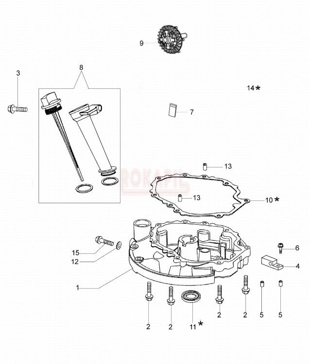 Miska olejowa, uszczelka miski, uszczelniacz, korek oleju, regulator obrotówi - kosiarki spalinowej Oleo- Mac G 44 TK COMFORT PLUS (K500)- schemat.jpg
