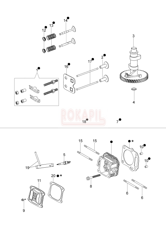 Cylinder, uszczelka cylindra, świeca, pokrywa, szpilka, śruba, cięgno, zawór, wałek rozrządu - kosiarki spalinowej Oleo- Mac G 44 PK ESSENTIAL (silnik K600- AUTOCHOKE)- schemat.PNG
