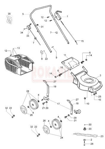 Części korpusu - nóż, piasta noża, kosz na trawę, linka gazu, linka hamulca, śruba, koło, uchwyt, dźwignia, podkładka - kosiarki spalinowej Oleo- Mac G 44 PK ESSENTIAL (K600- AUTOCHOKE)- schemat.PNG