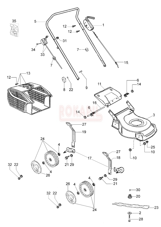 Części korpusu - nóż, piasta noża, kosz na trawę, linka gazu, linka hamulca, śruba, koło, uchwyt, dźwignia, podkładka - kosiarki spalinowej Oleo- Mac G 44 PK ESSENTIAL (K600- AUTOCHOKE)- schemat.PNG