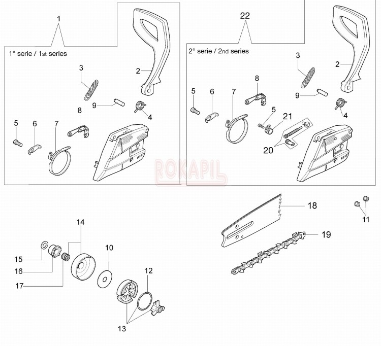 Sprzęgło, hamulec, bęben sprzęgła, taśma hamulca, prowadnica, łańcuch tnący pilarki spalinowej Oleo Mac 937.jpg