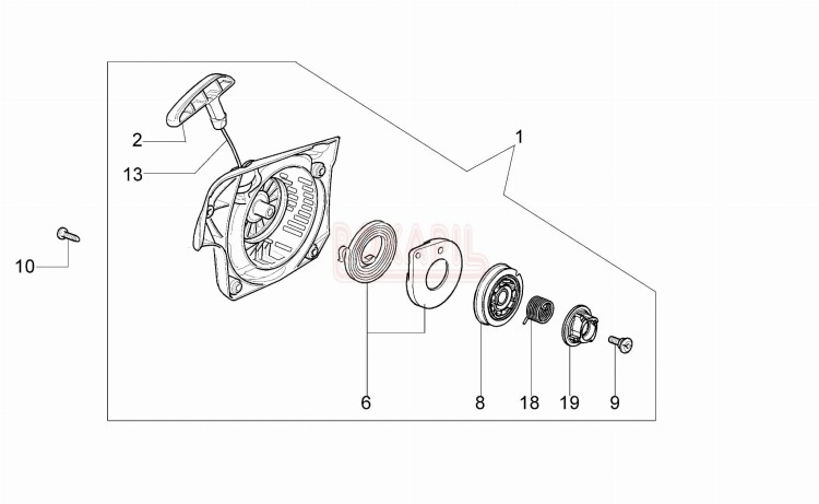 Rozrusznik, sprężyna, koło nawojowe, uchwyt, śruba - części pilarki Oleo-Mac GS 410CX - schemat .jpg