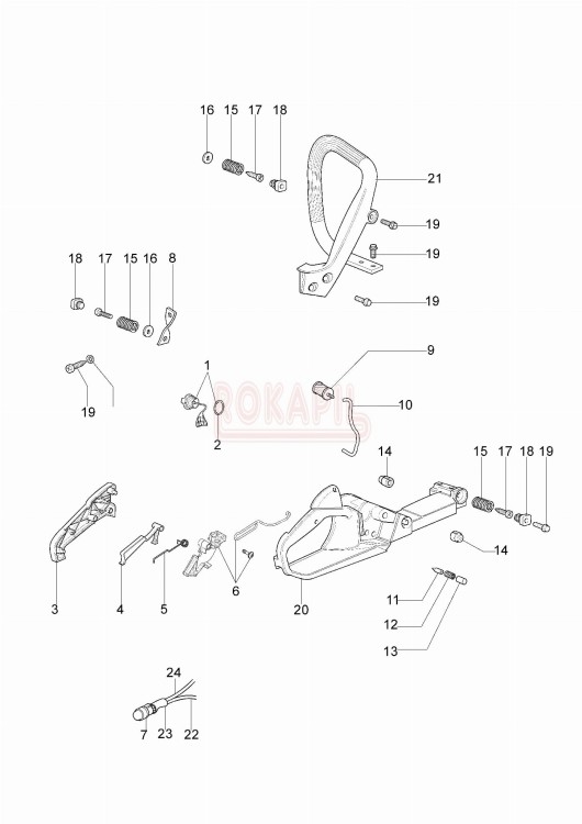 Uchwyt, filtr paliwa, dźwignia gazu, amortyzator, zbiornik paliwa, korek paliwa - części pilarki spalinowej OleoMac GS 410CX- schemat .jpg