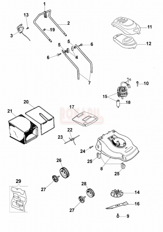 Części - silnik, kosz na trawę, korpus, koła, nóż, uchwyt noża kosiarki elektryccznej Oleo-Mac K 40 P - schemat.jpg