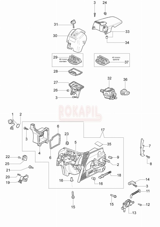 Skrzynia korbowa, pompa olejowa, GAŹNIK, filtr powietrza, napinacz łańcucha, korek oleju, odpowietrznik, filtr oleju, podstawa filtra, pokrywa górna- części pilarki Oleo-Mac GS 410CX - schemat.jpg