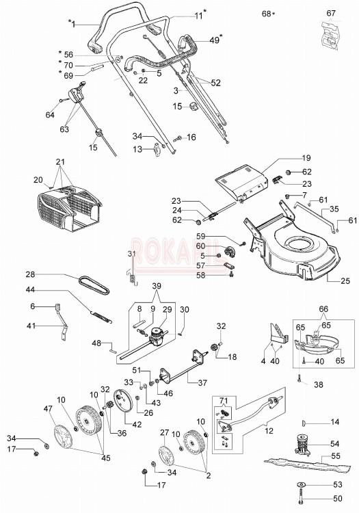 Części korpusu - nóż, piasta noża, kosz na trawę, linka gazu, linka hamulca, linka napędu, koło pasek, przekładnia, uchwyt- kosiarki spalinowej Oleo- Mac G 44 TK (K500)- OD STYCZNIA 2012r. - schemat.jpg