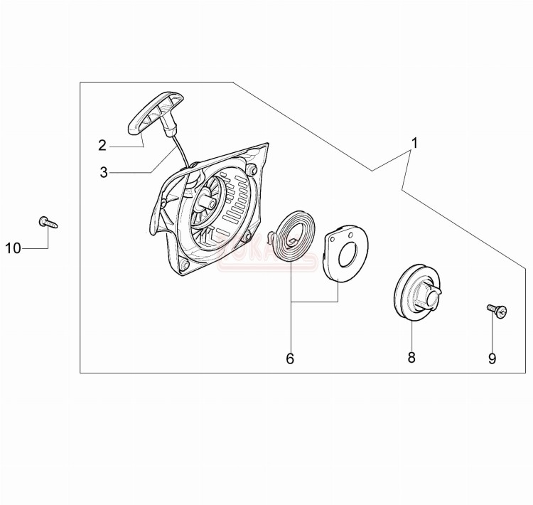 Rozrusznik, uchwyt, linka, sprężyna rozrusznika, koło nawojowe części pilarki splainowej Oleo Mac 947 - schemat.jpg