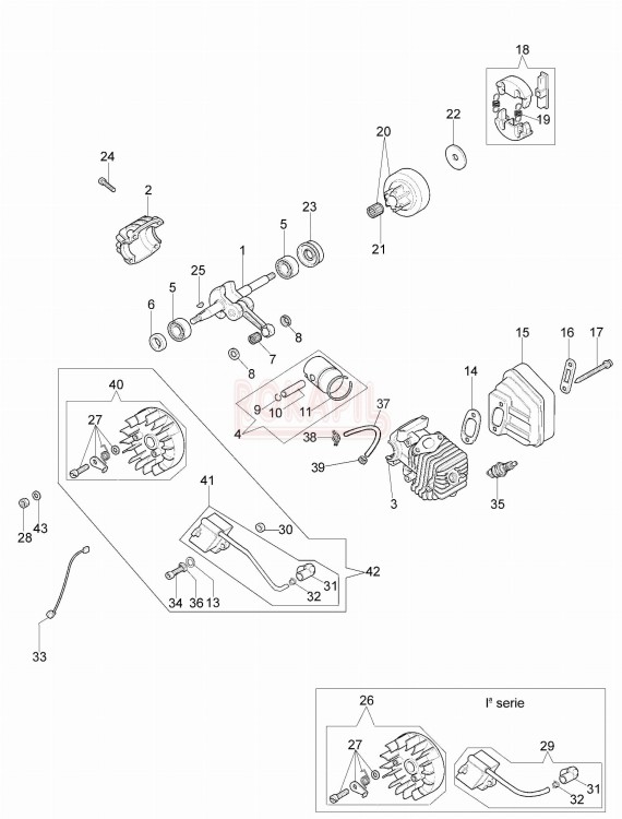 silnik - cylinder, tłok, sworzeń, pierścienie, kolektor, korbowór, uszczelniacze, łożyska, cewka zapłonowa, koło magnesowe, zabieraki  pilarki spalinowej Oleo Mac gs260 - schemat.jpg