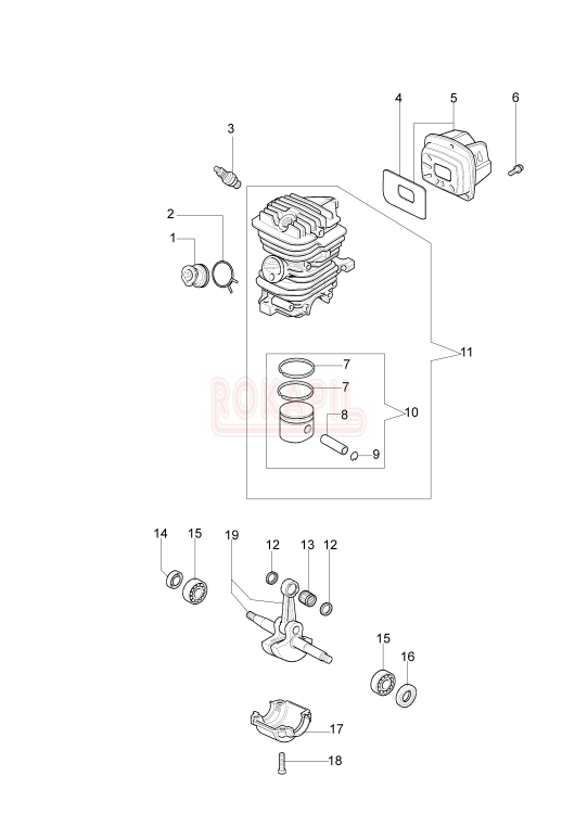Silnik- cylinder, tłok, tłumik, pierścienie, sworzeń, korbowód, łożyska wału korbowego, uszczelniacze, miska  pilarki spalinowej Oleo Mac 941cx- schemat.jpg