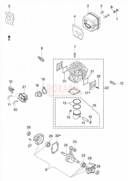 silnik części -cylinder, tłok, pierścienie, korbowód, tłumik, łożyska, uszczelniacze, kolektor, dekompresor- pilarki Oleo-Mac GS 520- schemat.jpg