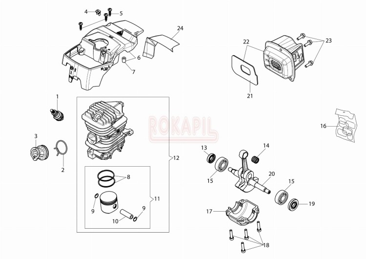 silnik części -cylinder, tłok, pierścienie, korbowód, tłumik, łożyska, uszczelniacze, świeca, kolektor ssący - pilarki Oleo-Mac GS 371 - schemat.jpg