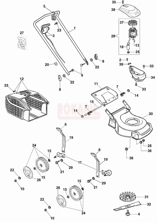 Części - koło, kosz na trawę, nóż, uchwyt noża, deflektor, oś, śruba, podkładka do kosiarki elektrycznej Oleo-Mac G 48 PE- schemat 2.jpg