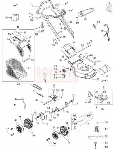 Części  nóż, piasta noża, kosz na trawę, linka hamulca, linka gazu, linka napędu przekładnia, pasek, oś, śruba, koło, uchwyt, dźwignia - kosiarki spalinowej Oleo- Mac G 53 TBXE COMFORT PLUS  2018r. - schemat.jpg