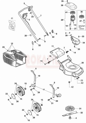 Części - koło, kosz na trawę, nóż, uchwyt noża, deflektor, oś, śruba, podkładka do kosiarki elektrycznej Oleo-Mac G 48 PE- schemat.jpg