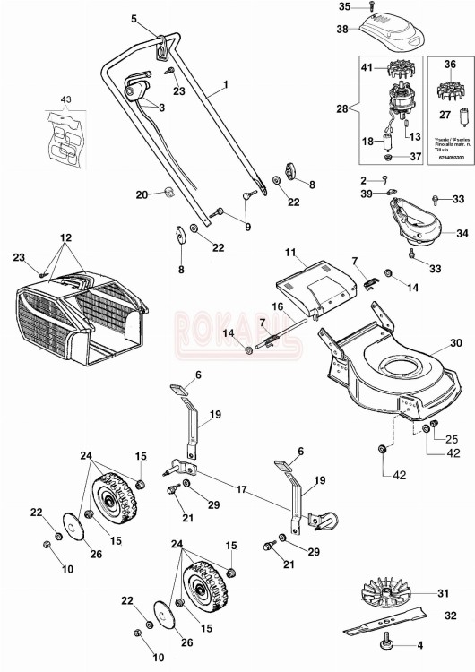 Części - koło, kosz na trawę, nóż, uchwyt noża, deflektor, oś, śruba, podkładka do kosiarki elektrycznej Oleo-Mac G 48 PE- schemat.jpg